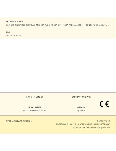 Caja 250 unidades tornillo madera vlox rosca completa avellanado impronta pz ø5 x 50 mm. bicromatado
