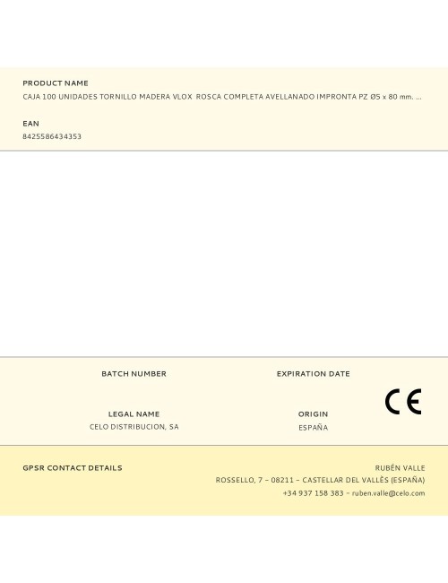 Caja 100 unidades tornillo madera vlox rosca completa avellanado impronta pz ø5 x 80 mm. bicromatado