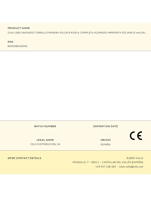 Caja 1000 unidades tornillo madera velox b rosca completa alomado impronta pz2 ø4x15 mmcincado