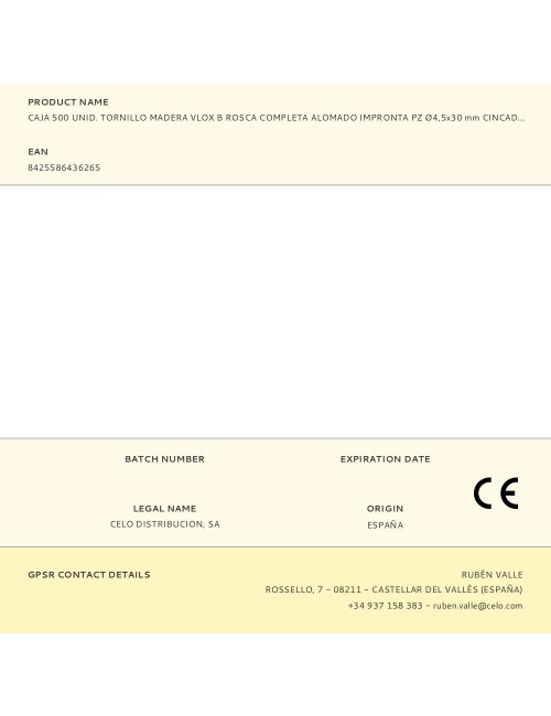 Caja 500 unid. tornillo madera vlox b rosca completa alomado impronta pz ø4,5x30 mm cincado