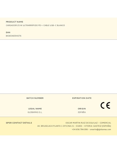 Cargador 25 w ultrarrápido pd + cable usb-c blanco