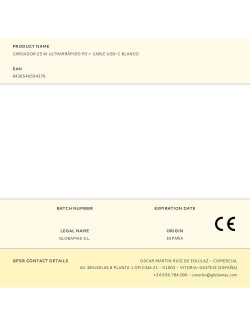 Cargador 25 w ultrarrápido pd + cable usb-c blanco
