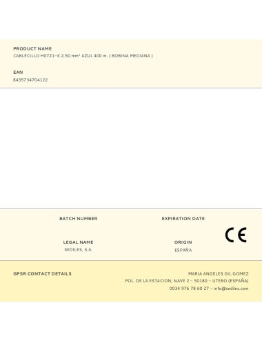 Cablecillo h07z1-k 2,50 mm azul 400 m. ( bobina mediana )