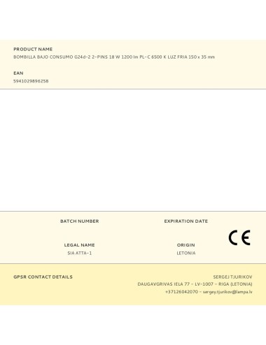 Bombilla bajo consumo g24d-2 2-pins 18 w 1200 lm pl-c 6500 k luz fria 150 x 35 mm