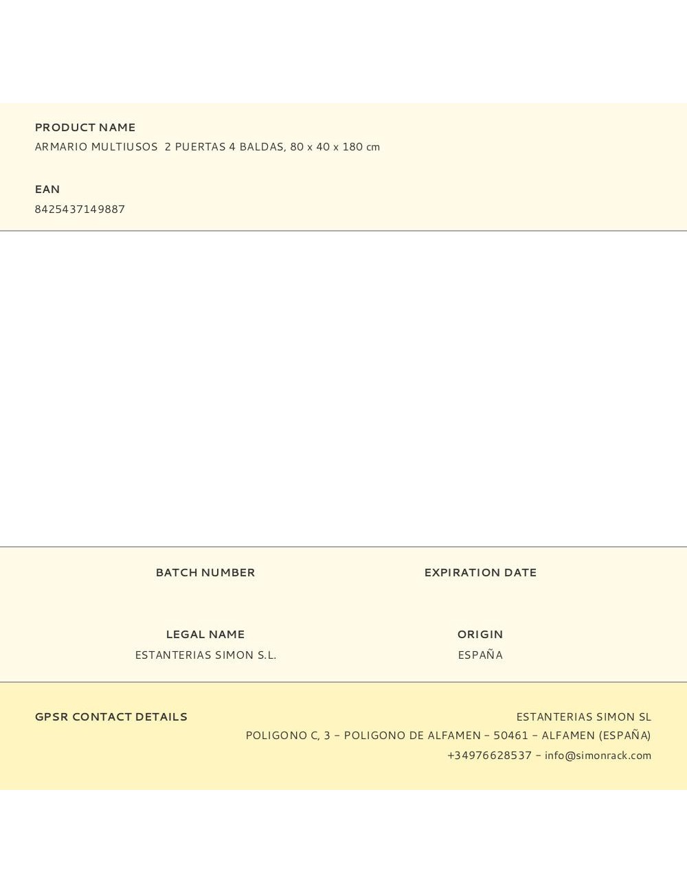 Armario multiusos 2 puertas 4 baldas, 80 x 40 x 180 cm