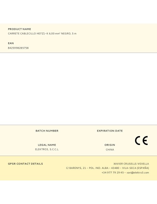 Carrete cablecillo h07z1-k 6,00 mm negro, 5 m