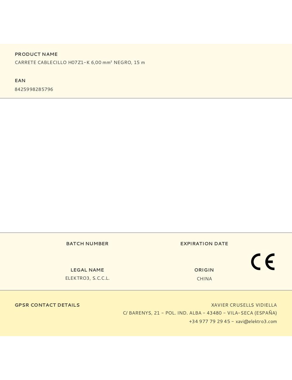 Carrete cablecillo h07z1-k 6,00 mm negro, 15 m