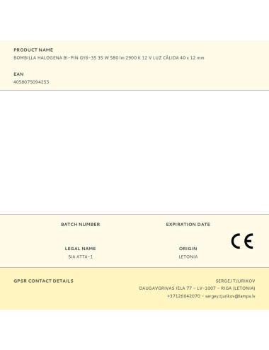 Bombilla halogena bi-pin gy6-35 35 w 580 lm 2900 k 12 v luz cálida 40 x 12 mm