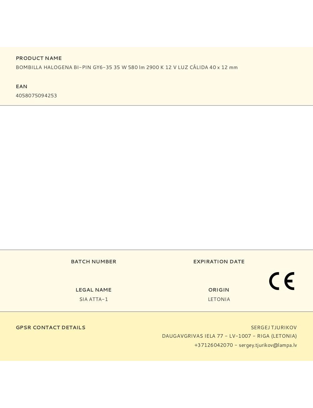 Bombilla halogena bi-pin gy6-35 35 w 580 lm 2900 k 12 v luz cálida 40 x 12 mm