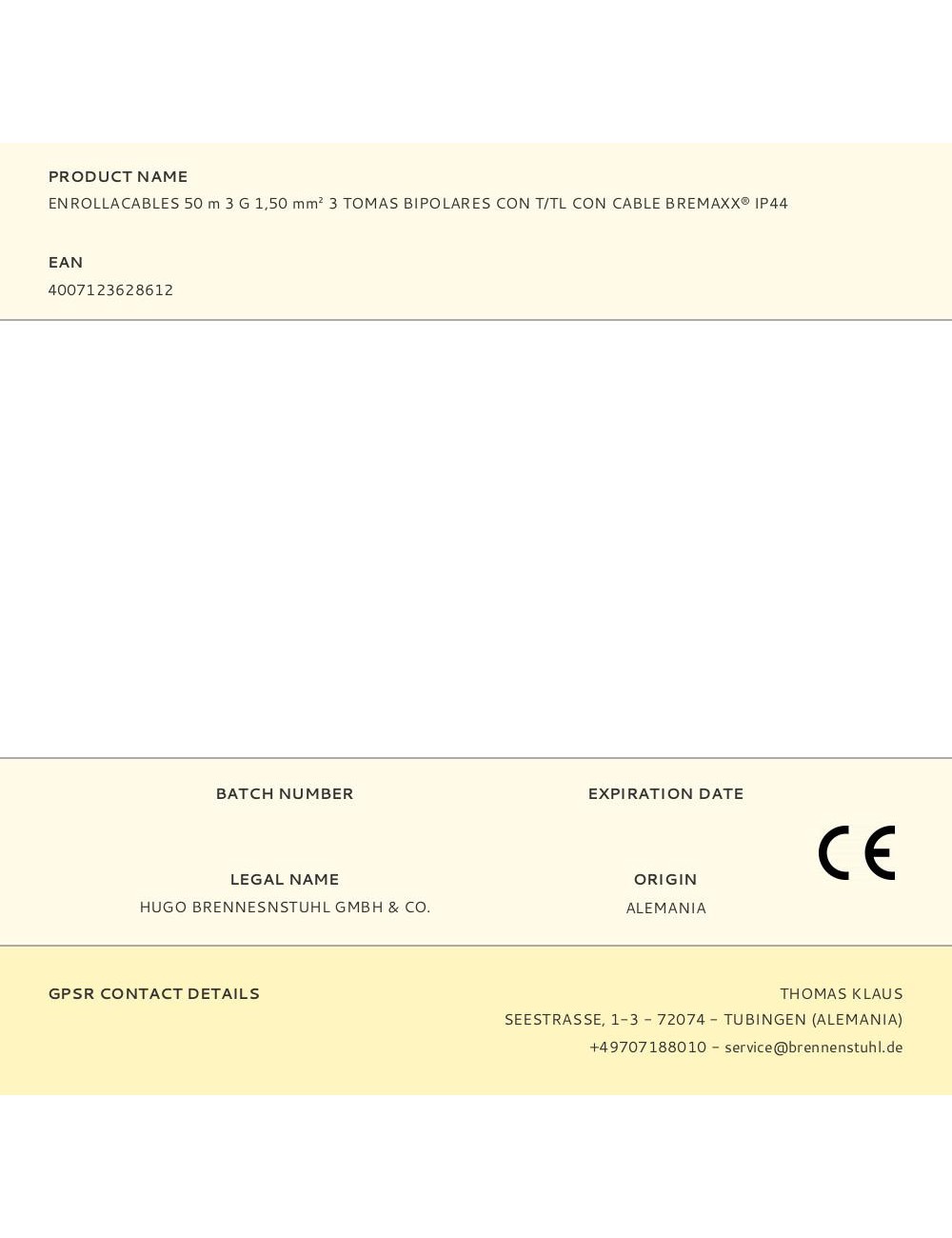 Enrollacables 50 m 3 g 1,50 mm 3 tomas bipolares con t/tl con cable bremaxx® ip44