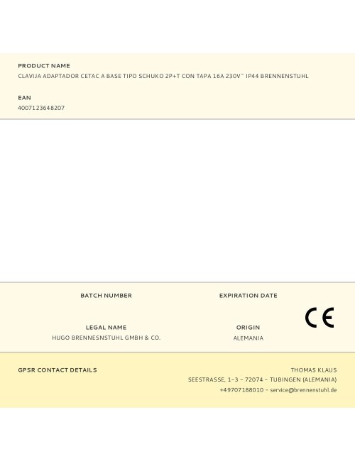Clavija adaptador cetac a base tipo schuko 2p+t con tapa 16a 230v~ ip44 brennenstuhl