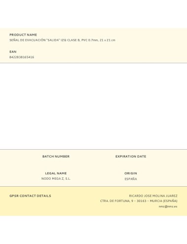 Señal de evacuación "salida" izq clase b, pvc 0.7mm, 21 x 21 cm