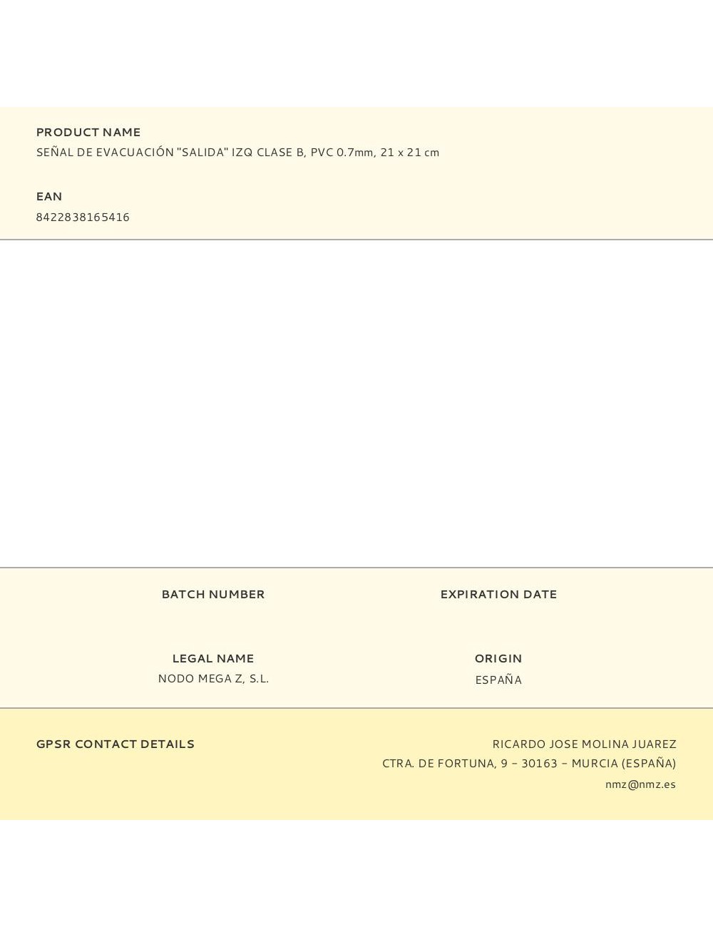 Señal de evacuación "salida" izq clase b, pvc 0.7mm, 21 x 21 cm