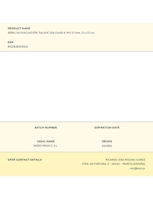 Señal de evacuación "salida" izq clase b, pvc 0.7mm, 21 x 21 cm