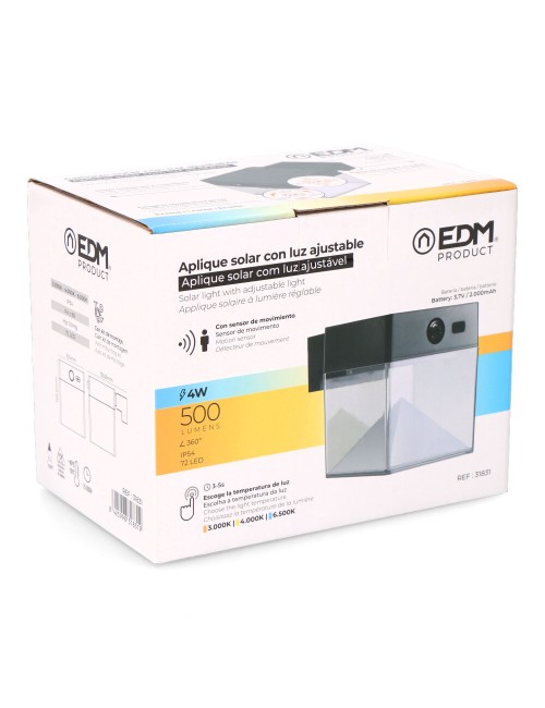 Aplique solar cuadrado 4 w 500 lm, 3.000/4.000/6.500 k, 3cct, con sensor, negro