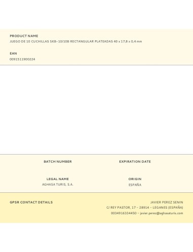 Juego de 10 cuchillas skb-10/10b rectangular plateadas 40 x 17,8 x 0,4 mm