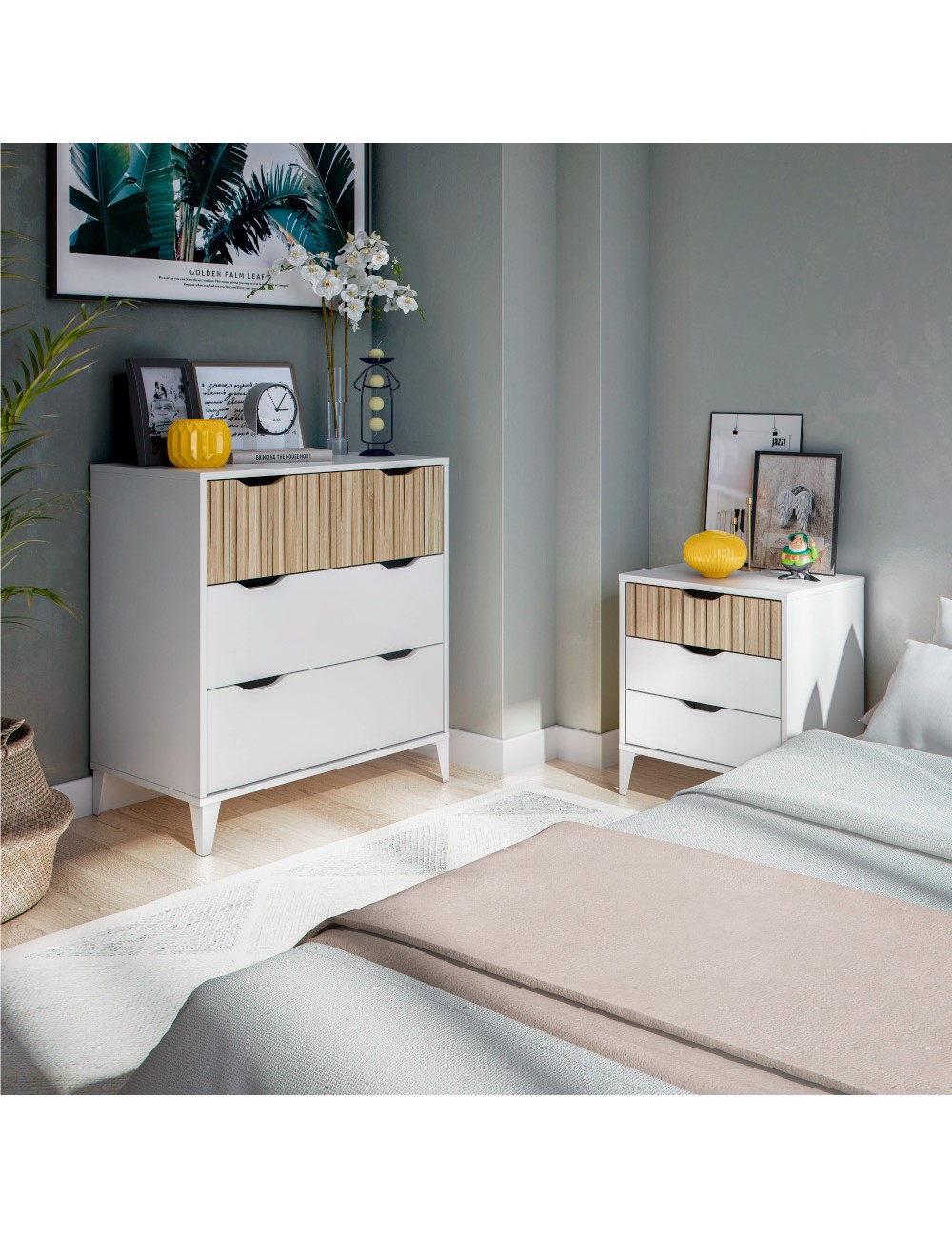 Comoda de 3 cajones, color blanco + natural