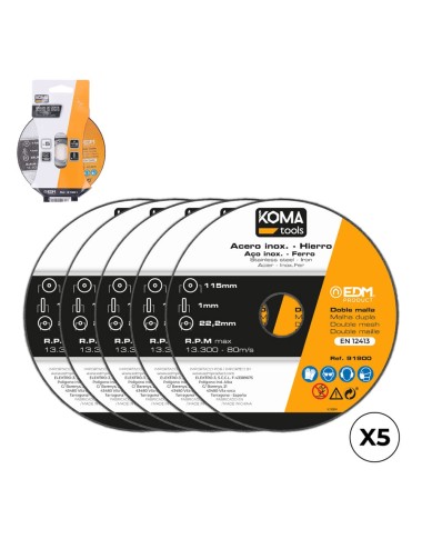 Discos corte hierro y acero inoxidable. ø115 x 1,0 x 22,2 mm, 5 uds