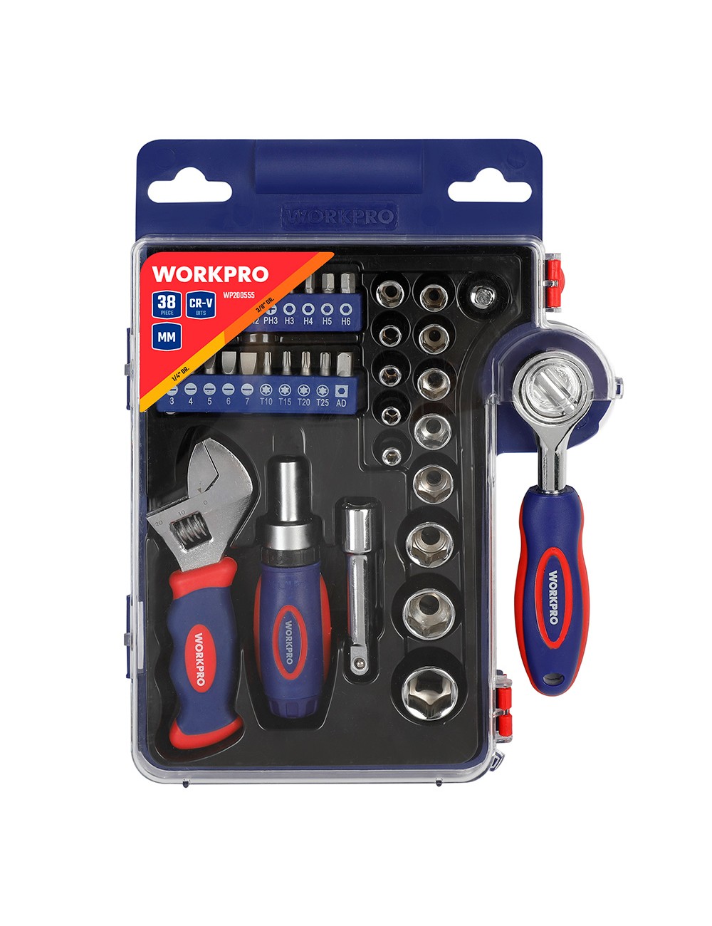 Vasos con carraca, mango y llave ajustable, métrica, 38 piezas