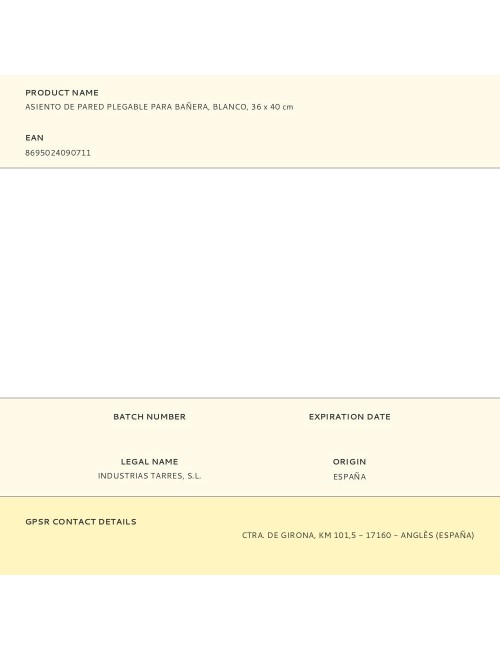 Asiento de pared plegable para bañera, blanco, 36 x 40 cm