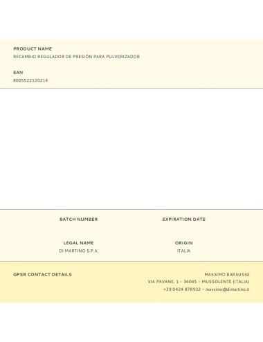 Recambio regulador de presión para pulverizador