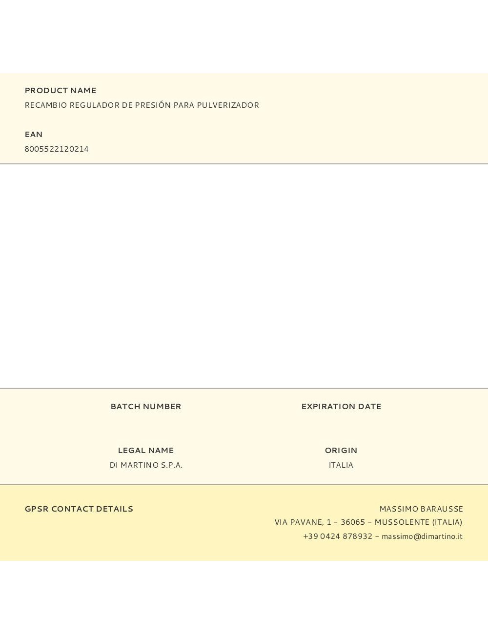 Recambio regulador de presión para pulverizador