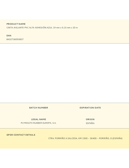 Cinta aislante pvc alta adhesión azul 19 mm x 0,15 mm x 20 m