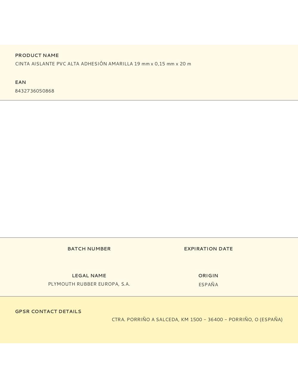 Cinta aislante pvc alta adhesión amarilla 19 mm x 0,15 mm x 20 m