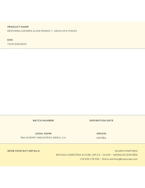 Destornilladores allen mango t, juego de 6 piezas