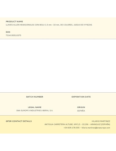 Llaves allen hexagonales con bola1.5 mm -10 mm, de colores, juego de 9 piezas