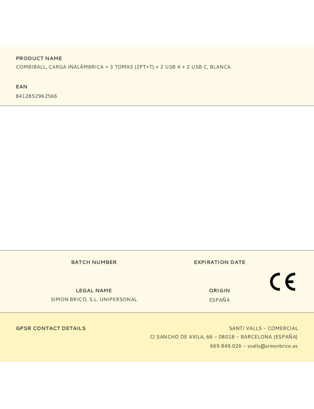 Combiball, carga inalámbrica + 3 tomas (2pt+t) + 2 usb a + 2 usb c, blanca.