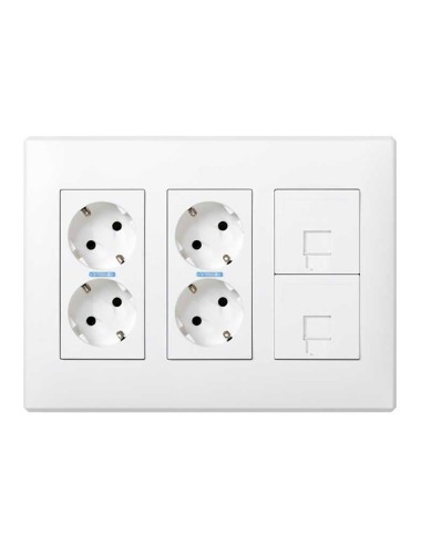 Caja con 4 schuko + 2 rj45, 500 cima superficie o empotrar blanca