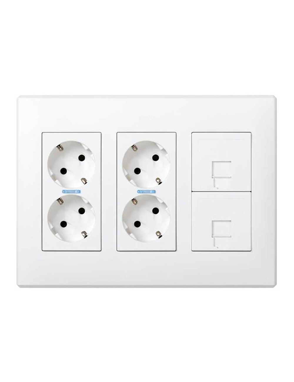 Caja con 4 schuko + 2 rj45, 500 cima superficie o empotrar blanca