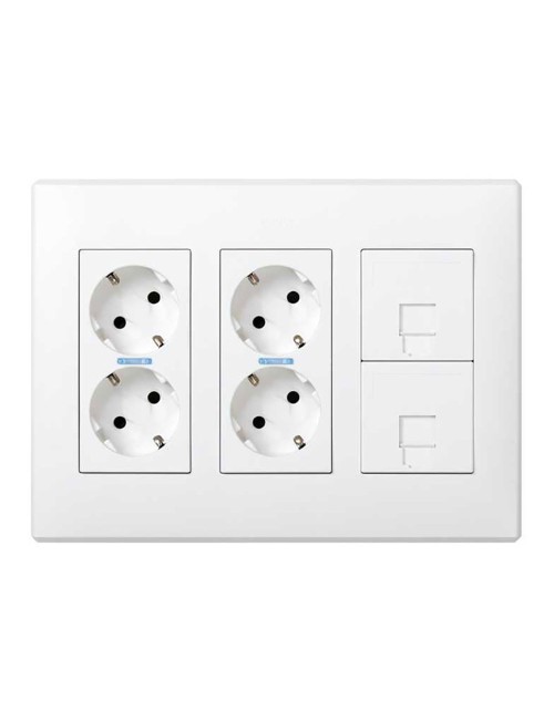 Caja con 4 schuko + 2 rj45, 500 cima superficie o empotrar blanca