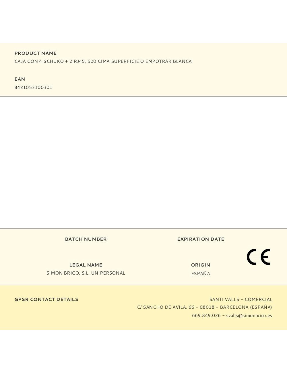 Caja con 4 schuko + 2 rj45, 500 cima superficie o empotrar blanca