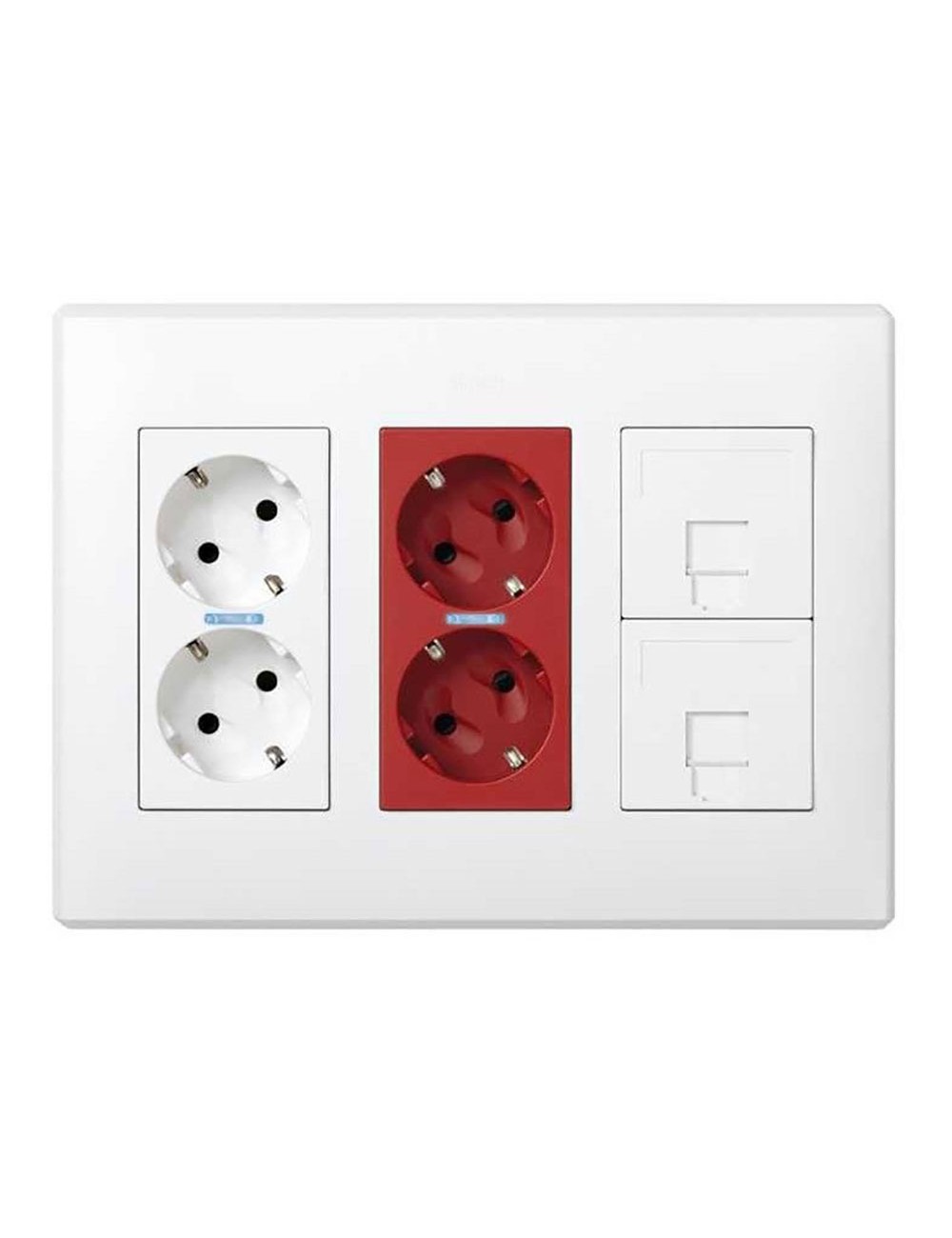 Caja con 2 schukos blancos + 2 schukos rojos + 2 rj45 500 cima superficie o empotrar blanca