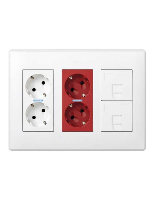 Caja con 2 schukos blancos + 2 schukos rojos + 2 rj45 500 cima superficie o empotrar blanca