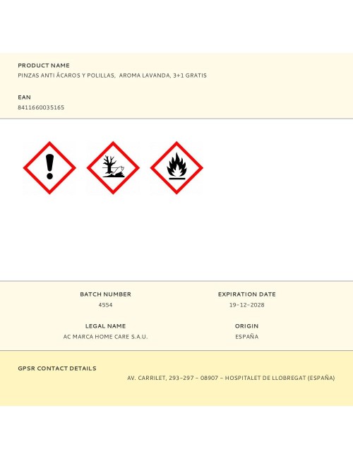 Pinzas anti ácaros y polillas, aroma lavanda, 3+1 gratis