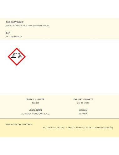 Limpia lavadoras, desinfectante, elimina olores 240 ml