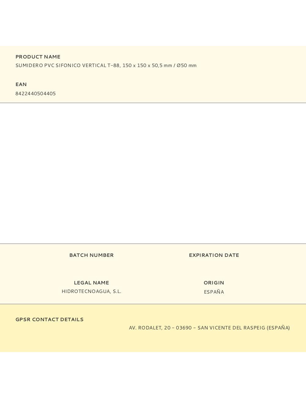 Sumidero pvc sifonico vertical t-88, 150 x 150 x 50,5 mm / ø50 mm