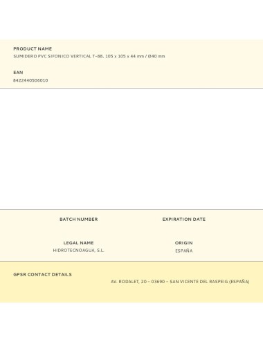 Sumidero pvc sifonico vertical t-88, 105 x 105 x 44 mm / ø40 mm