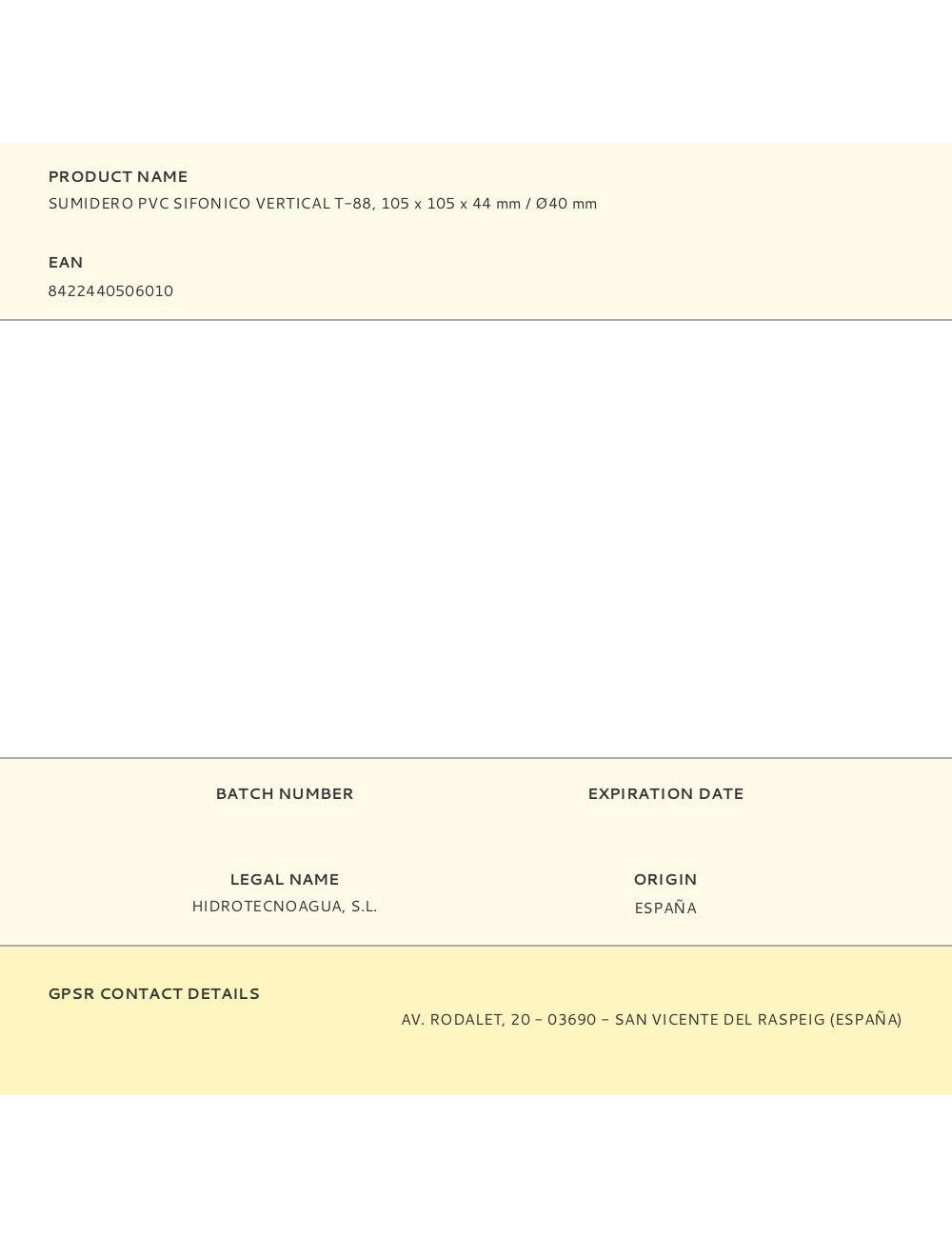 Sumidero pvc sifonico vertical t-88, 105 x 105 x 44 mm / ø40 mm