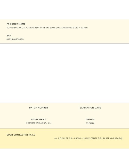 Sumidero pvc sifonico 360 t-88 vh, 200 x 200 x 70,5 mm / ø110 - 90 mm