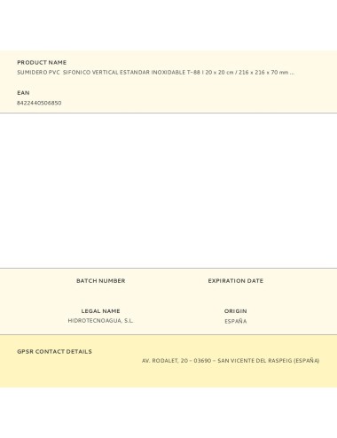 Sumidero pvc sifonico vertical estandar inoxidable t-88 i 20 x 20 cm / 216 x 216 x 70 mm / ø110 - 90 mm