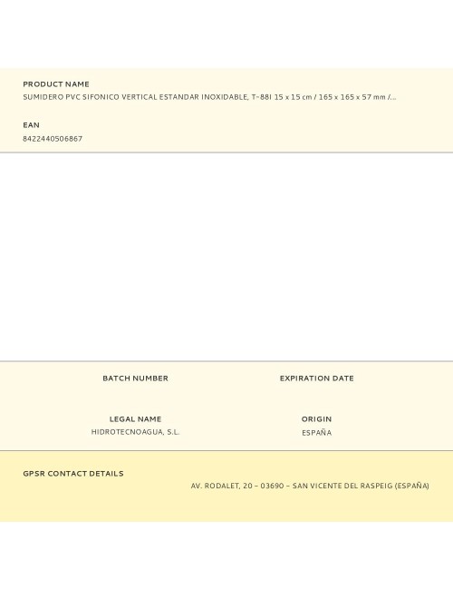 Sumidero pvc sifonico vertical estandar inoxidable, t-88i 15 x 15 cm / 165 x 165 x 57 mm / ø75 - 50 mm
