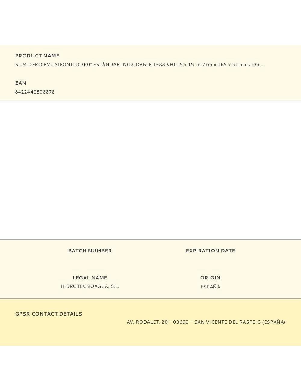 Sumidero pvc sifonico 360 estándar inoxidable t-88 vhi 15 x 15 cm / 65 x 165 x 51 mm / ø50 mm