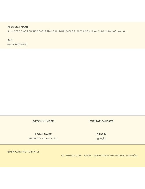 Sumidero pvc sifonico 360 estándar inoxidable t-88 vhi 10 x 10 cm / 118 x 118 x 45 mm / ø40 mm