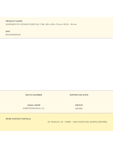 Sumidero pvc sifonico vertical t-88, 250 x 250 x 70 mm / ø110 - 90 mm