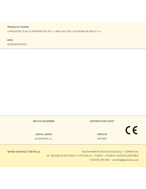 Cargador 25 w ultrarrápido pd + cable nylon ligthning blanco 1 m