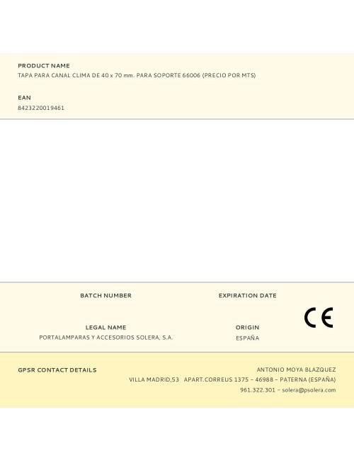 Tapa para canal clima de 40 x 70 mm. para soporte 66006 (precio por mts)